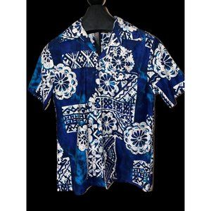 * Vintage McInerny Hawaii Hawaiian Shirt Blue Batik Ikat Floral Print Rare Sz S